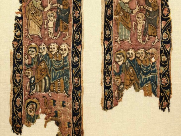 Colorful woven vertical bands from a funerary tunic depict multiple figures.