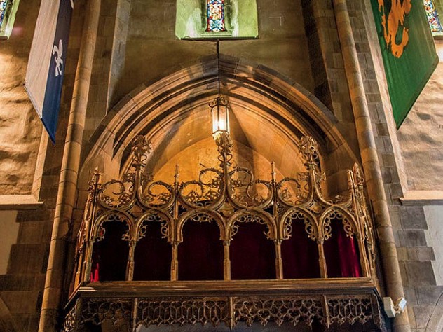 Ornate stonework and stained glass in the cathedral-like Great Hall 