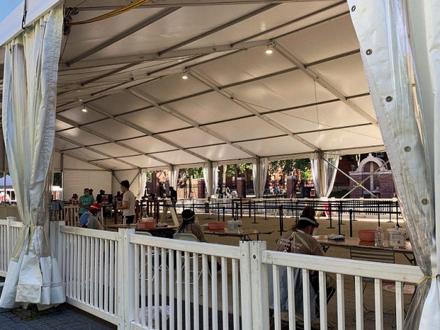 Photograph of Harvard Science Center tent where arriving first-year College students began virus-testing procedures