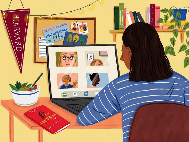 Drawing of a college student seated at her desk in her bedroom at home, looking at images of friends on her computer screen. On the desk are a book and a bowl of salad, reflecting recommendations made by friends previously.