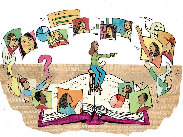 An illustration showing a teacher sitting on an enormous open book with students on screens hovering around her, some raising their hands to ask questions