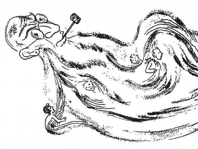Illustration of bearded farmer, from anthology of Yiddish children’s literature
