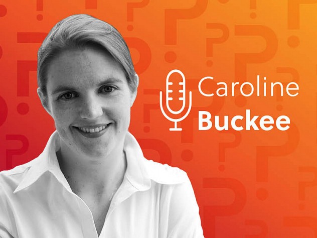 Caroline Buckee headshot over an orange background.