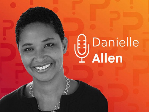 Danielle Allen headshot over an orange background.
