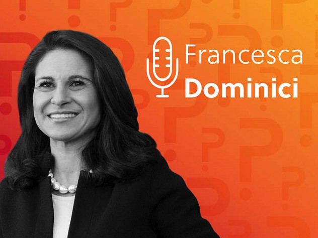 Francesca Dominici headshot over an orange background.