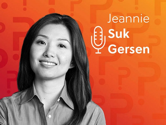 Jeannie Suk Gersen headshot over an orange background.