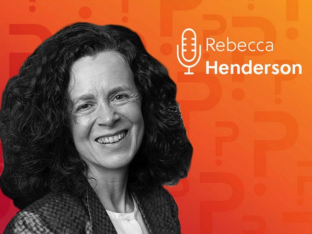 Rebecca Henderson headshot over an orange background