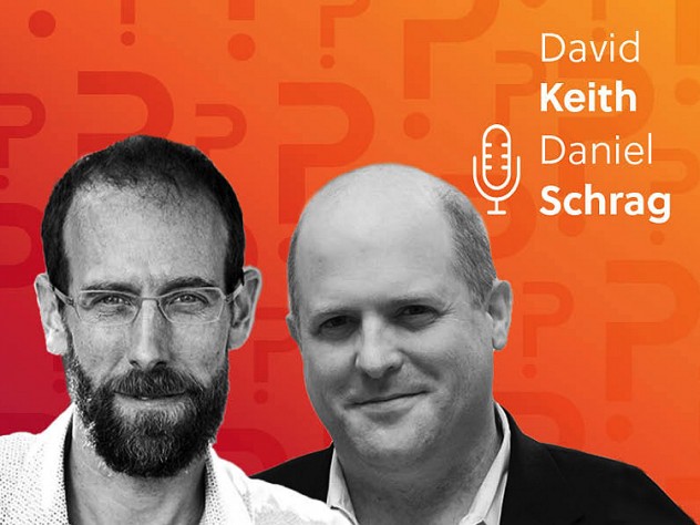 Daniel Schrag and David Keith headshots over an orange background