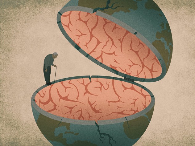 Abstract illustration of an elderly man balanced on the edge of a half globe filled with brain gray matter