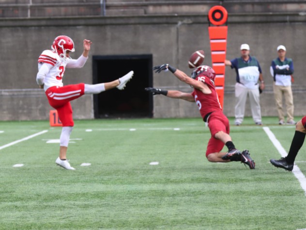 Harvard junior safety James Herring gets a hand on the punt of Cornell's Koby Kiefer.