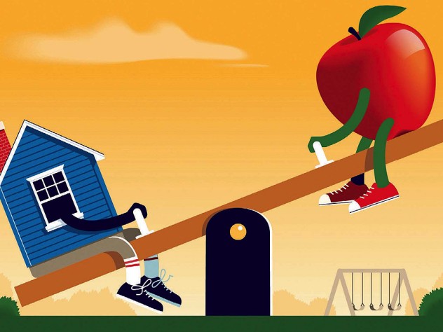 Illustration of a seesaw with a house on one end, and an apple, representing teaching, on the other.