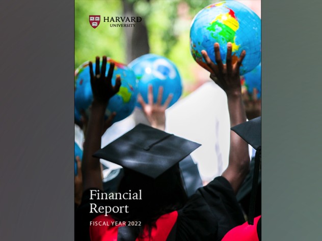 Cover of Harvard annual financial report 2022, showing graduating student celebrating at Commencement