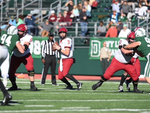 Harvard quarterback Luke Emge in his first start of 2022