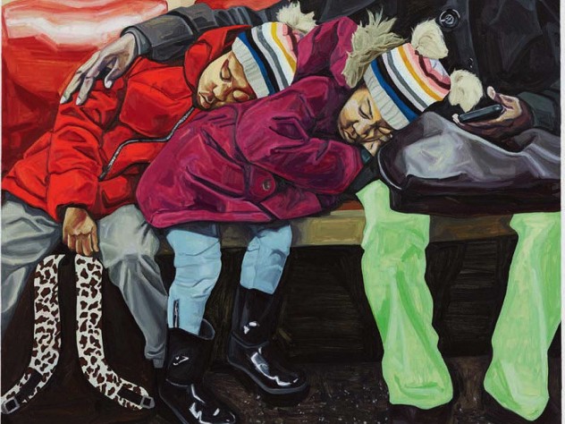 painting of twins asleep on a NYC subway, nestled against their caregiver