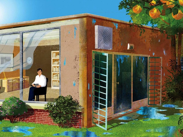 House with man inside, cooled by an air conditioner