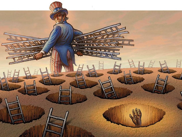 Image of Uncle Sam walking away with ladders, leaving a brown hand grasping from a hole in the ground