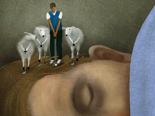 Illustration of a man sleeping as an alter ego surrounded by sheep practices his golf swing