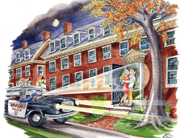 Humorous illustration of campus police seeing late-night daters’ final kiss