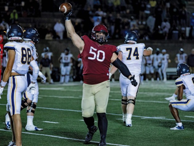 Defensive lineman Thor Griffith, a junior, celebrating two sacks and a game-high nine tackles against Merrimack