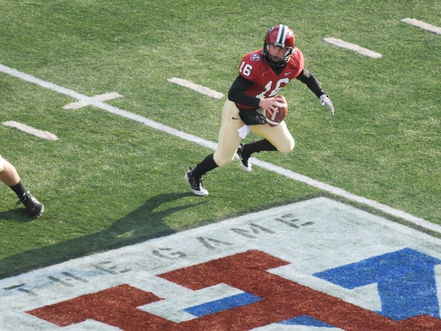Photograph by Meredith Keffer Quarterback Collier Winters ’12 completed 13 of 16 passes for 124 yards and a fourth-quarter touchdown against Yale. His longest throw, a 46-yard pass to receiver Marco Iannuzzi ’11, set up Harvard’s first score of the day. Iannuzzi was back in uniform after breaking a collarbone in the season’s third game.