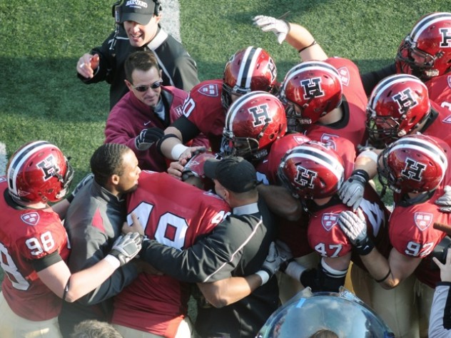 Photograph by Meredith Keffer Tackle Josué Ortiz ’12 got a hero’s welcome on the Harvard sideline after blocking a Yale punt in the third period. His big defensive play set up a rushing touchdown by Gino Gordon that gave Harvard a 21-14 lead.