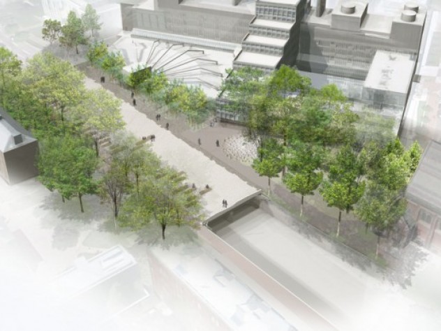 Courtesy of Chris Reed/Stoss Landscape Urbanism, copyright Stoss 1. An aerial rendering of the new plaza atop the Cambridge Street tunnel, looking north toward the Science Center