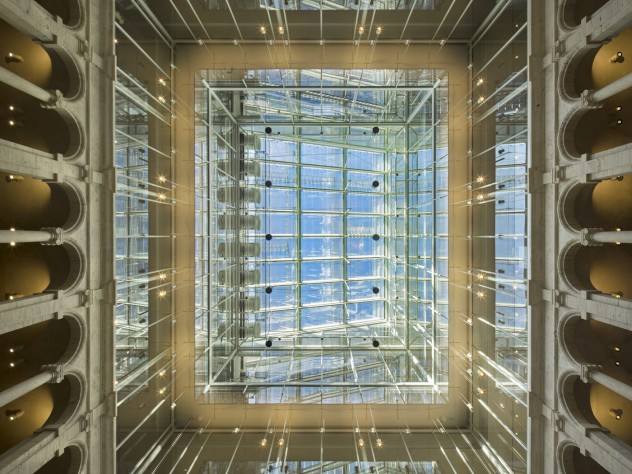 Photograph by Nic Lehoux/Harvard Art Museums Gazing toward the glass roof over Calderwood Courtyard, a visitor can glimpse the galleries and labs in the four floors above.