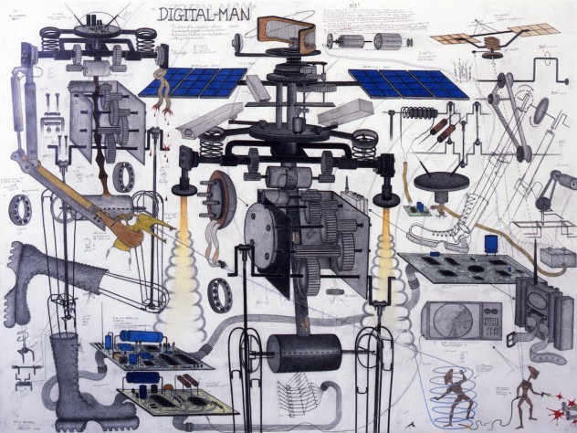 Photograph courtesy of the Cooper Gallery Abu Bakarr Mansaray draws Da Vinci-style diagrams of war machines, bringing together horror and cartoon comedy. This one, entitled <i>Digital Man</i>, features an alien gunfight in its lower right corner. Several of Mansaray’s wire sculptures also appear at the Cooper Gallery.