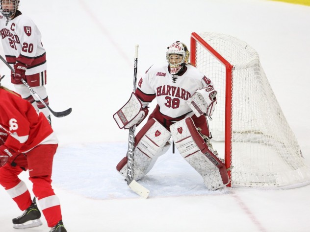 Co-captain and star goalie Emerance Maschmeyer ’16 is back in Cambridge after spending the early season playing abroad with Hockey Canada.