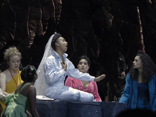 spalding as "Iphigenia of the Open Tense" in production previews at MASS MoCA