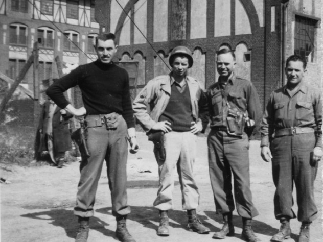 Walker Hancock Collection Monuments Men George Stout (at left) and Walter Hancock and Steven Kovalyak flank a fellow soldier in a May 1945 photograph.