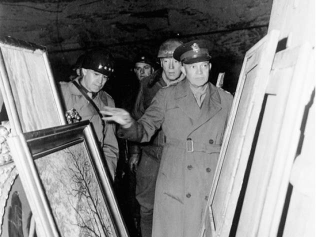 Generals Bradley, Patton, and Eisenhower inspected some of the art stored in the mine complex on April 12.