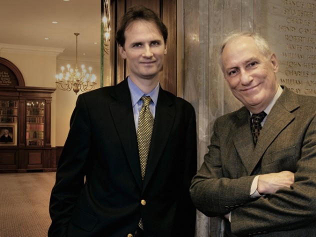 Outside the Caspersen Room at the Harvard Law School Library: Ess Librarian and professor of law John G. Palfrey VII with University Library director and Pforzheimer University Professor Robert Darnton.