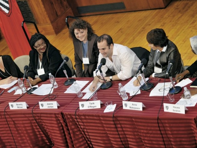 Panelists at the tenth-anniversary symposium discuss how their time as Radcliffe Fellows helped them bridge boundaries between genres. From left to right: English professor Leah Price, painter Beverly McIver, filmmaker Jeanne Jordan, composer Tarik O’Regan, filmmaker Anne Makepeace, and lawyer Hauwa Ibrahim.