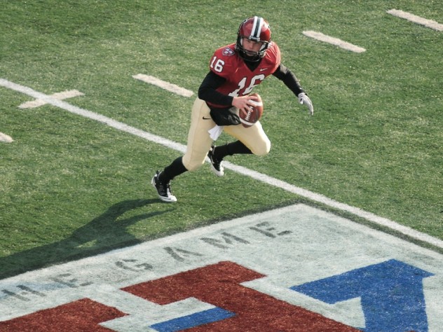Photograph by Meredith Keffer Quarterback Collier Winters completed 13 of 16 passes against Yale. His longest throw, a 46-yard pass to receiver Marco Iannuzzi, set up Harvard’s first score of the day. Back in action after breaking a collarbone in the season’s third game, Iannuzzi returned the second-half kickoff for a game-changing touchdown.