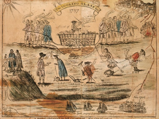 Library of Congress Amos Doolittle cheekily depicted the passions over ratification in this 1787 engraving with watercolor, with “Federals” (business interests), left, and agrarian “Antifederals,” right, differing over currency and Connecticut’s debts: a mired wagon being pulled in opposite directions.