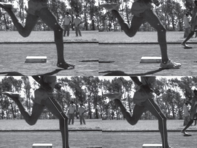 Top: An elite Kenyan athlete who grew up running barefoot strikes the ground with the forefoot when unshod, but with the midfoot when wearing shoes. Bottom: The positioning of legs and feet is identical in both cases; the shoes alone affect how the runner’s foot strikes the ground. 