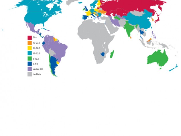 Mapping Suicide: Annual suicide rate per 100,000 population. Data shown are for the most recent year available, ranging from 1990 to 2008. The World Health Organization compiles data that countries provide; country-to-country differences may be due to actual variation in suicide rate, or to differences in reporting (e.g., where cultural taboos discourage talking about suicide), Matthew Nock warns. 