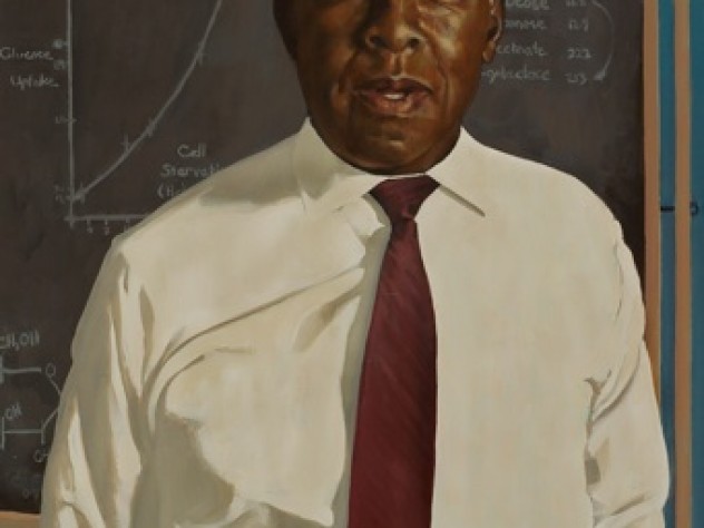Painting by Steve Coit Harold Amos, late Presley professor of microbiology and molecular genetics at Harvard Medical School