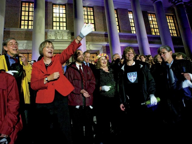 President Faust, deans, and members of the governing boards stood on the Widener steps to watch the procession of students parade by, each residential House or graduate school with its own theme.