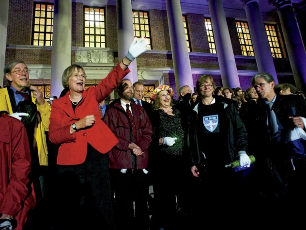 Photograph by Jim Harrison President Faust, deans, and members of the governing boards stood on the Widener steps to watch the procession of students parade by, each residential House or graduate school with its own theme.