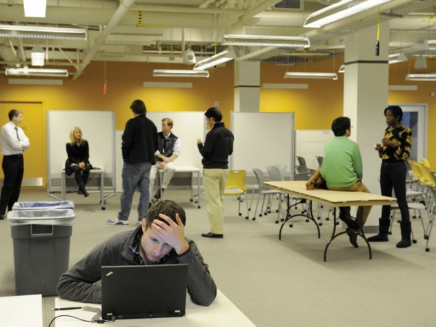 Students and innovators can configure their work spaces; the décor is contemporary entrepreneurial.