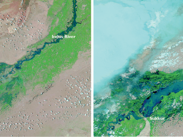 Satellite imagery from NASA shows the devastating extent of flooding in Pakistan in 2010. The Indus (dark blue) was well within its banks on July 18 (left), dwindling almost to nothing as it meandered south. But by August 8 (right), it had swelled with monsoon rain so that vast areas of the river valley were flooded. 