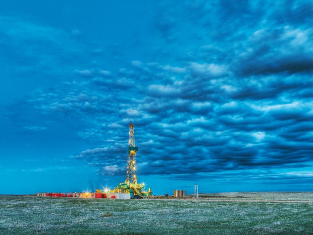 A hydraulic fracturing rig drilling for natural gas in eastern Colorado