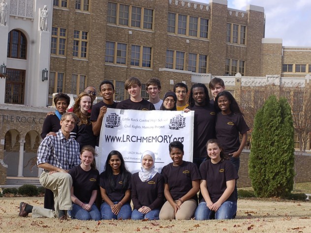 George West (far left) with his two faculty colleagues and the students of the Little Rock Central High Memory Project editing team 
