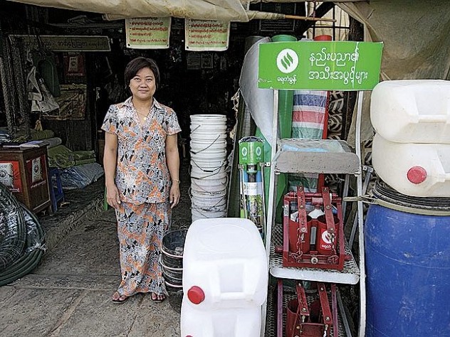 Photograph © Tim Mitzman for Proximity Designs 2013, unless otherwise noted A shop in Kungyangon township displays Proximity pumps for sale.
