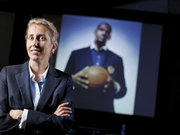 Anita Elberse, backed by a picture of basketball superstar LeBron James, an important figure in her book <i>Blockbusters</i> 