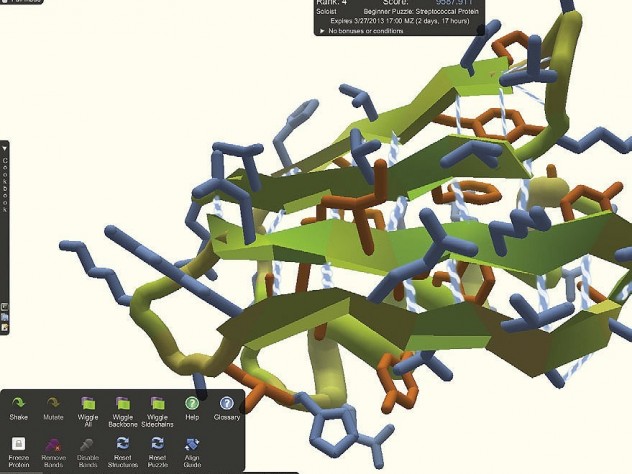 In the game Foldit, players compete to build stable configurations of the biological molecules called proteins.