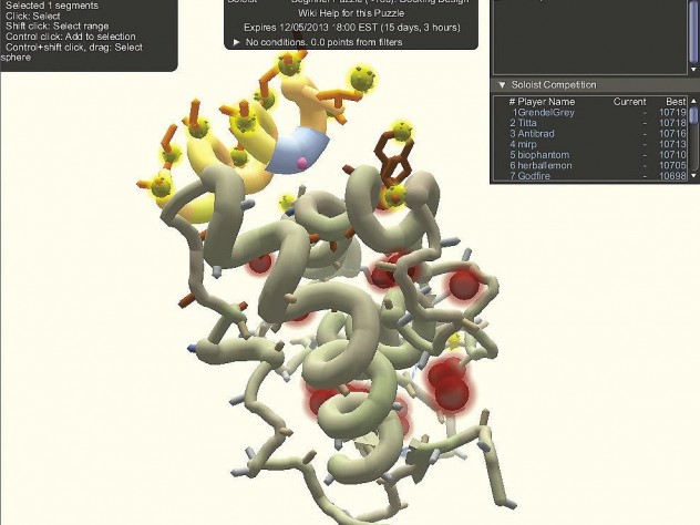 Red spheres mark chemically unstable regions that require player attention. A chat interface allows groups of players to collaborate.