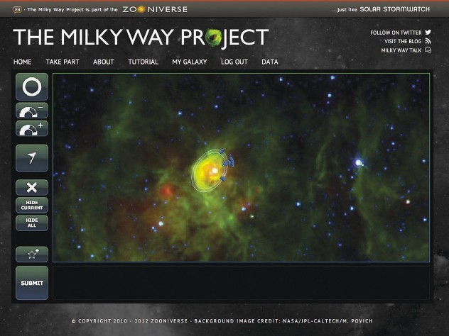 As part of the Milky Way Project, hosted by citizen-science platform Zooniverse, participants draw ellipses to identify interstellar “bubbles” in telescope images; the regions are thought to promote star formation.